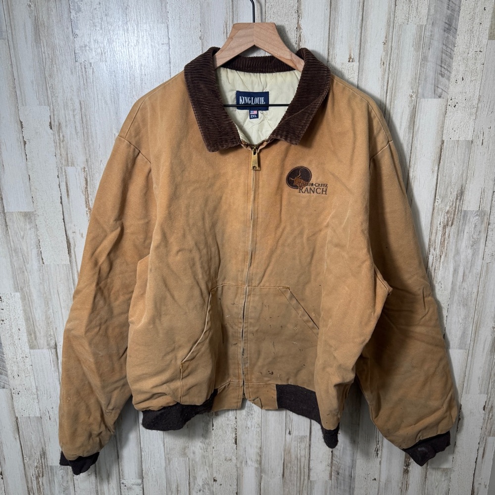 Vintage King Louie Ranch Canvas Beige Jacket Thrashed Corduroy Collar‎ Mens 2XL